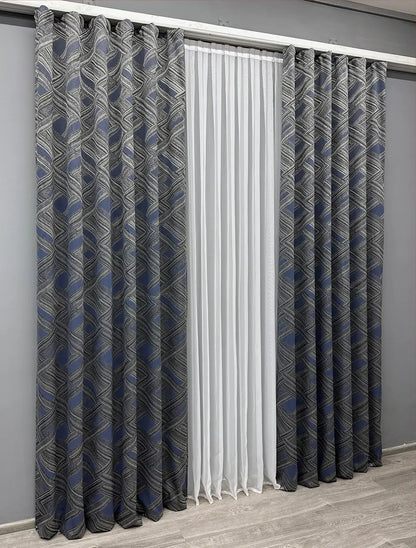 Elegant Grey with Dark Blue Geometric Jacquard Curtains – Mystery Collection – Set of 2 – 65% Light Blocking