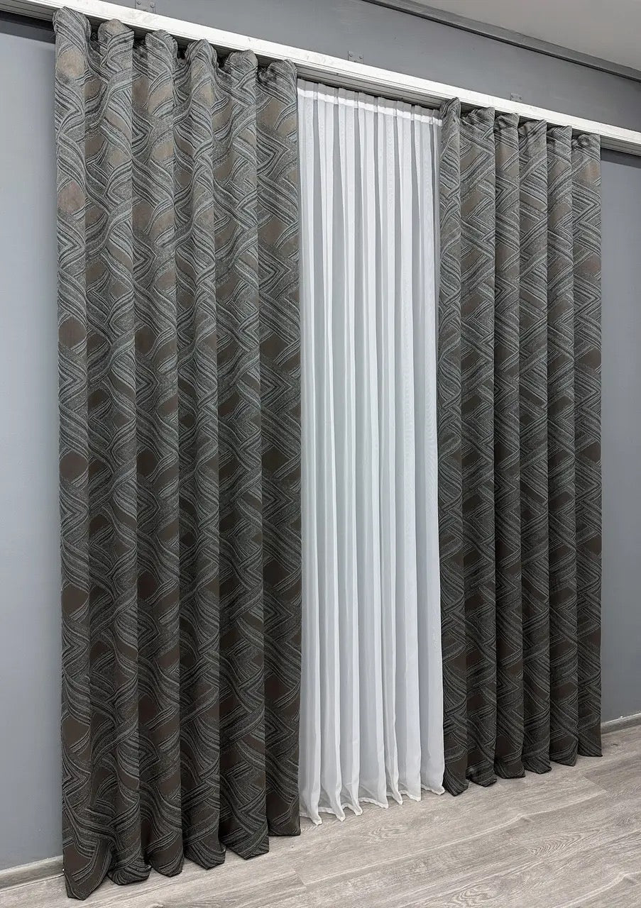 Elegant Grey with Brown Geometric Jacquard Curtains – Mystery Collection – Set of 2 – 65% Light Blocking