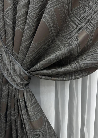 Elegant Grey with Brown Geometric Jacquard Curtains – Mystery Collection – Set of 2 – 65% Light Blocking