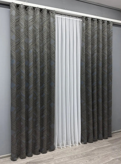 Elegant Cappuccino with Grey Geometric Jacquard Curtains – Mystery Collection – Set of 2 – 65% Light Blocking