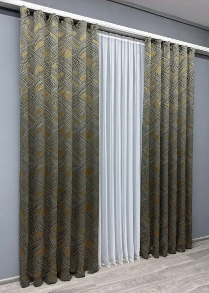 Elegant Cappuccino with Gold Jacquard Curtains – Mystery Collection – Set of 2 – 65% Light Blocking