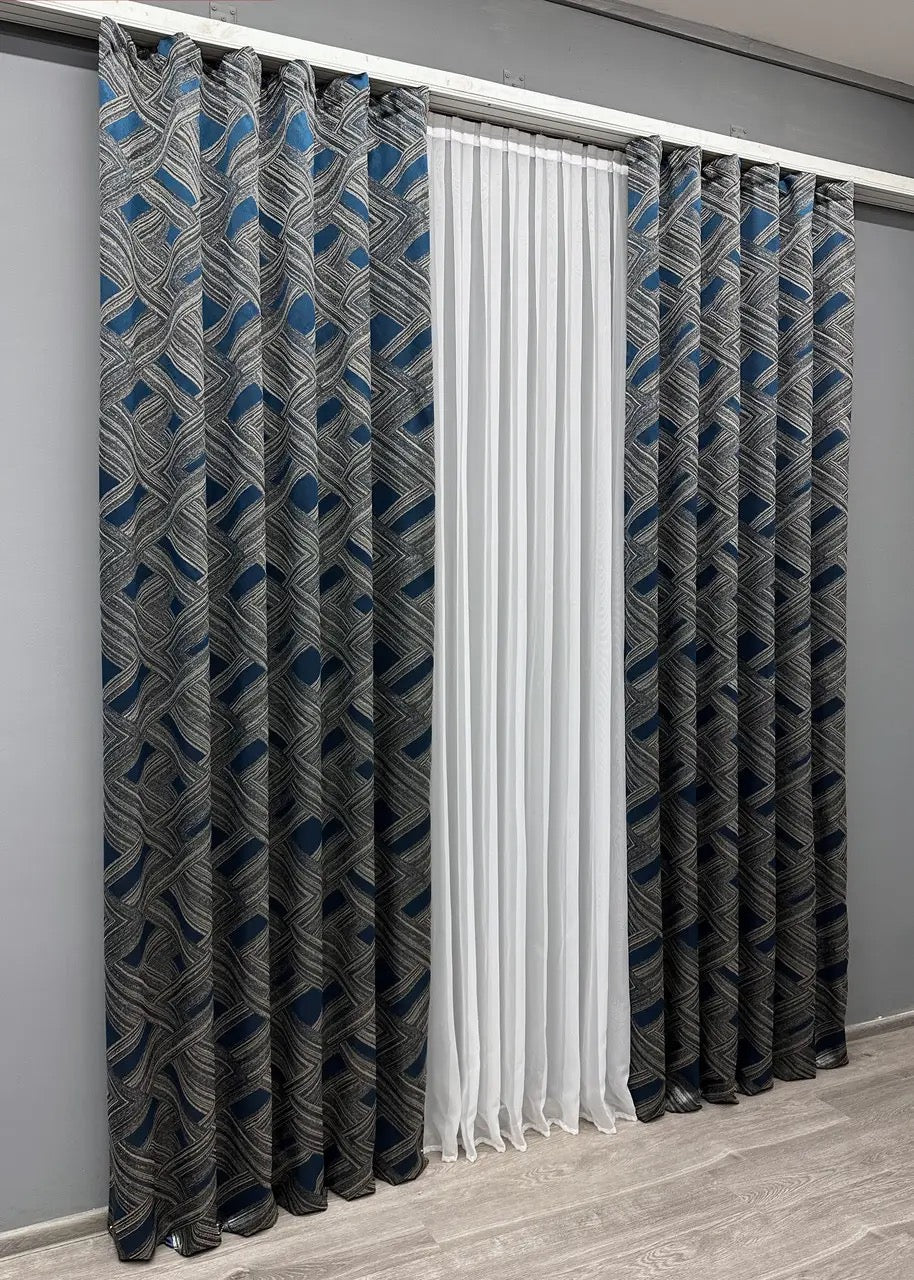 Elegant Grey with Blue Geometric Jacquard Curtains – Mystery Collection – Set of 2 – 65% Light Blocking