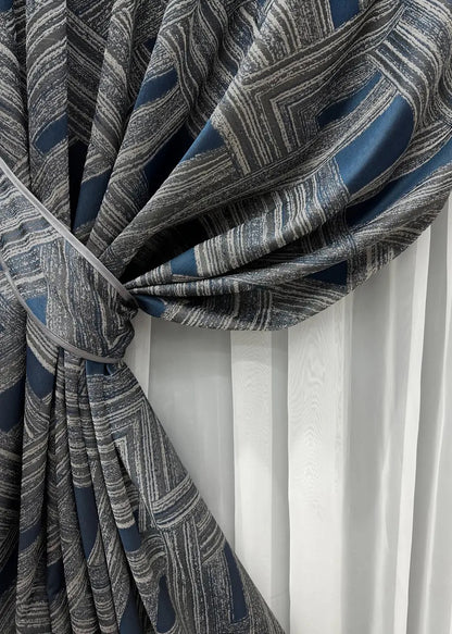 Elegant Grey with Blue Geometric Jacquard Curtains – Mystery Collection – Set of 2 – 65% Light Blocking