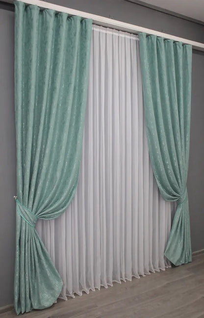 Linen Curtains with Marble Pattern – Turquoise – Set of 2 Panels