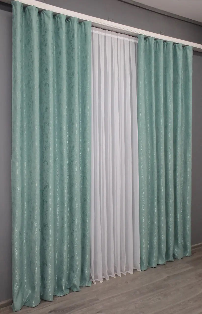 Linen Curtains with Marble Pattern – Turquoise – Set of 2 Panels