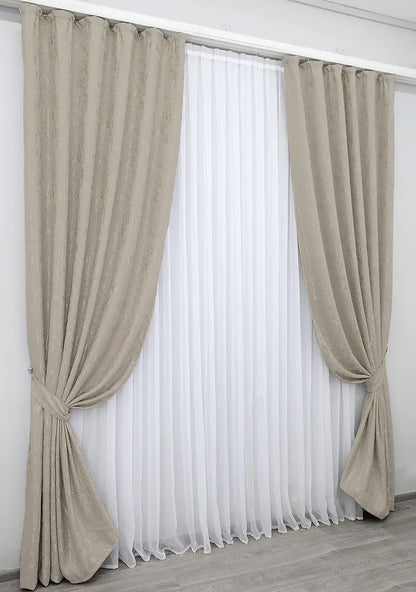 Elegant Linen Curtains with Marble Pattern – Grey-Beige – Set of 2 Panels