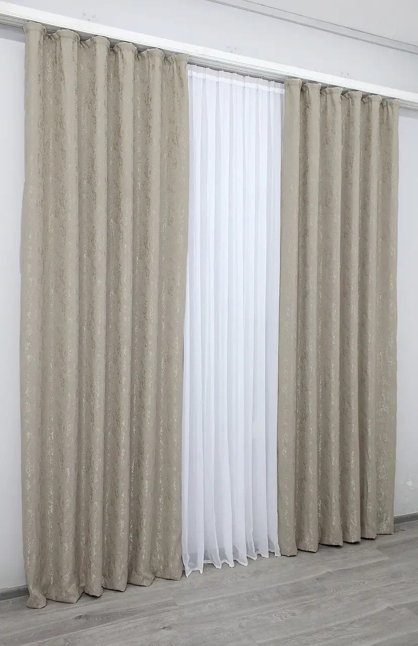 Elegant Linen Curtains with Marble Pattern – Grey-Beige – Set of 2 Panels