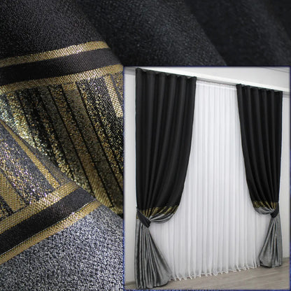 Sophisticated Linen Curtains – Black-Grey with Gold – Set of 2 Panels