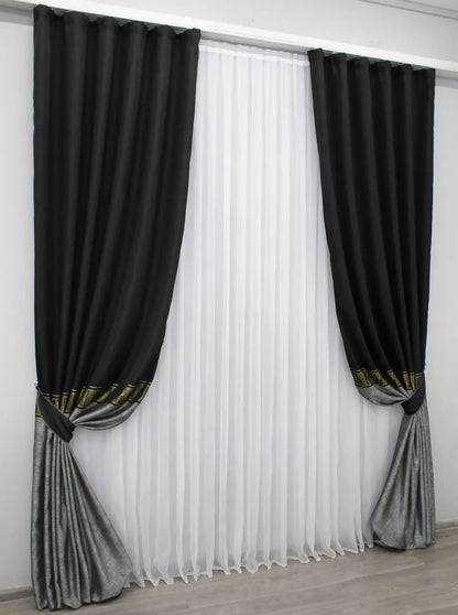 Sophisticated Linen Curtains – Black-Grey with Gold – Set of 2 Panels