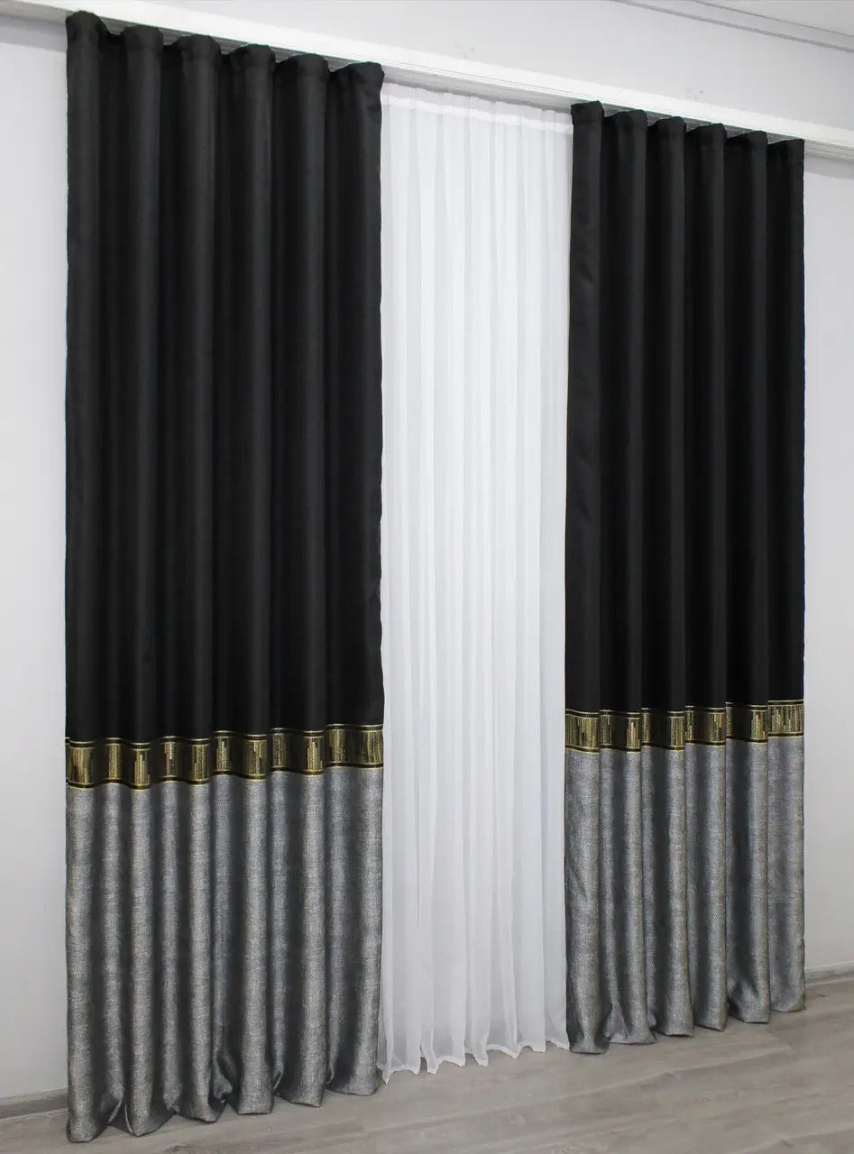 Sophisticated Linen Curtains – Black-Grey with Gold – Set of 2 Panels