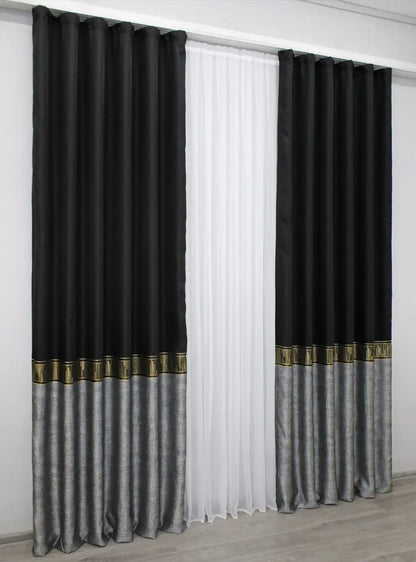 Sophisticated Linen Curtains – Black-Grey with Gold – Set of 2 Panels