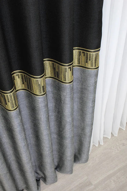 Sophisticated Linen Curtains – Black-Grey with Gold – Set of 2 Panels