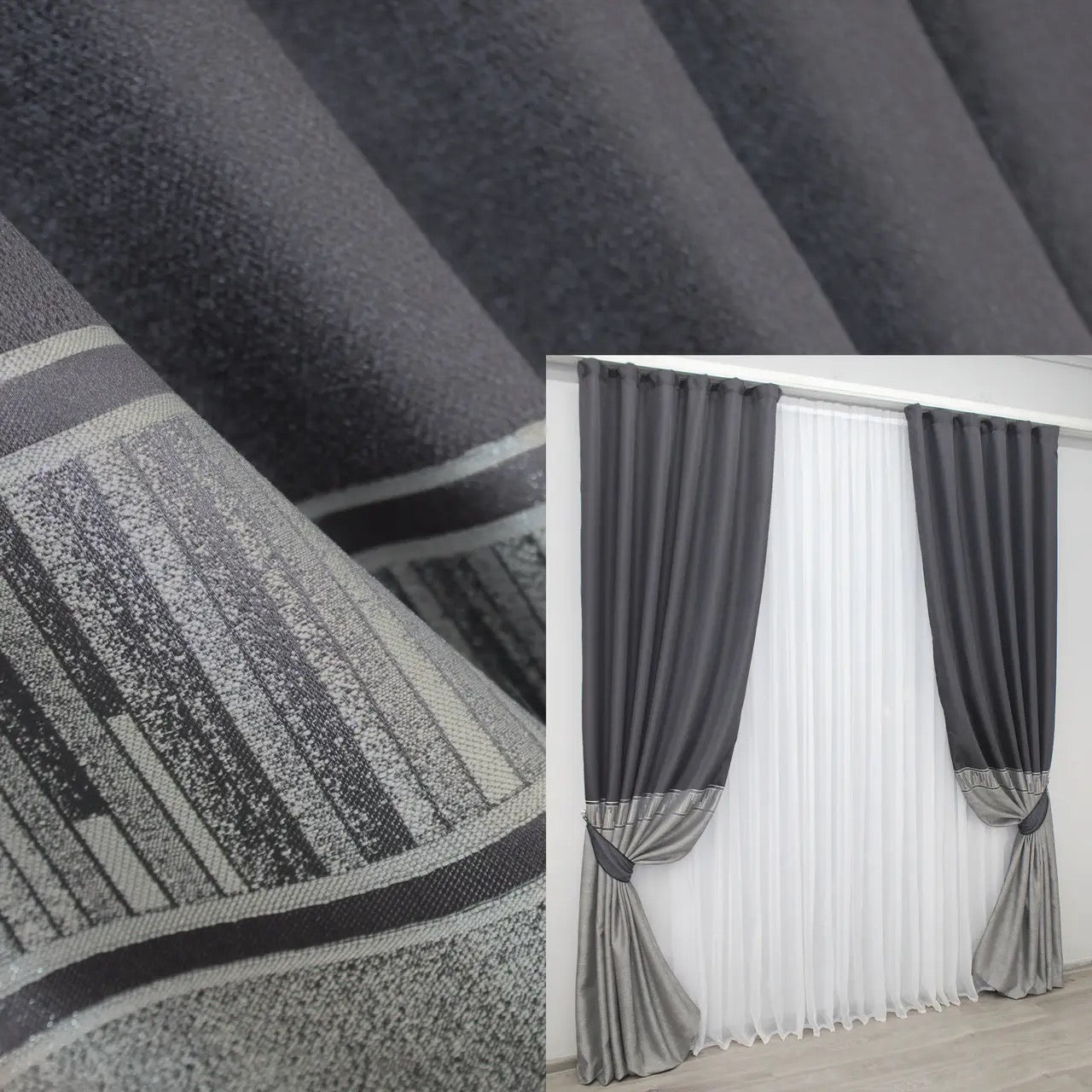 Elegant Linen Curtains – Dark Grey with Silver – Set of 2 Panels