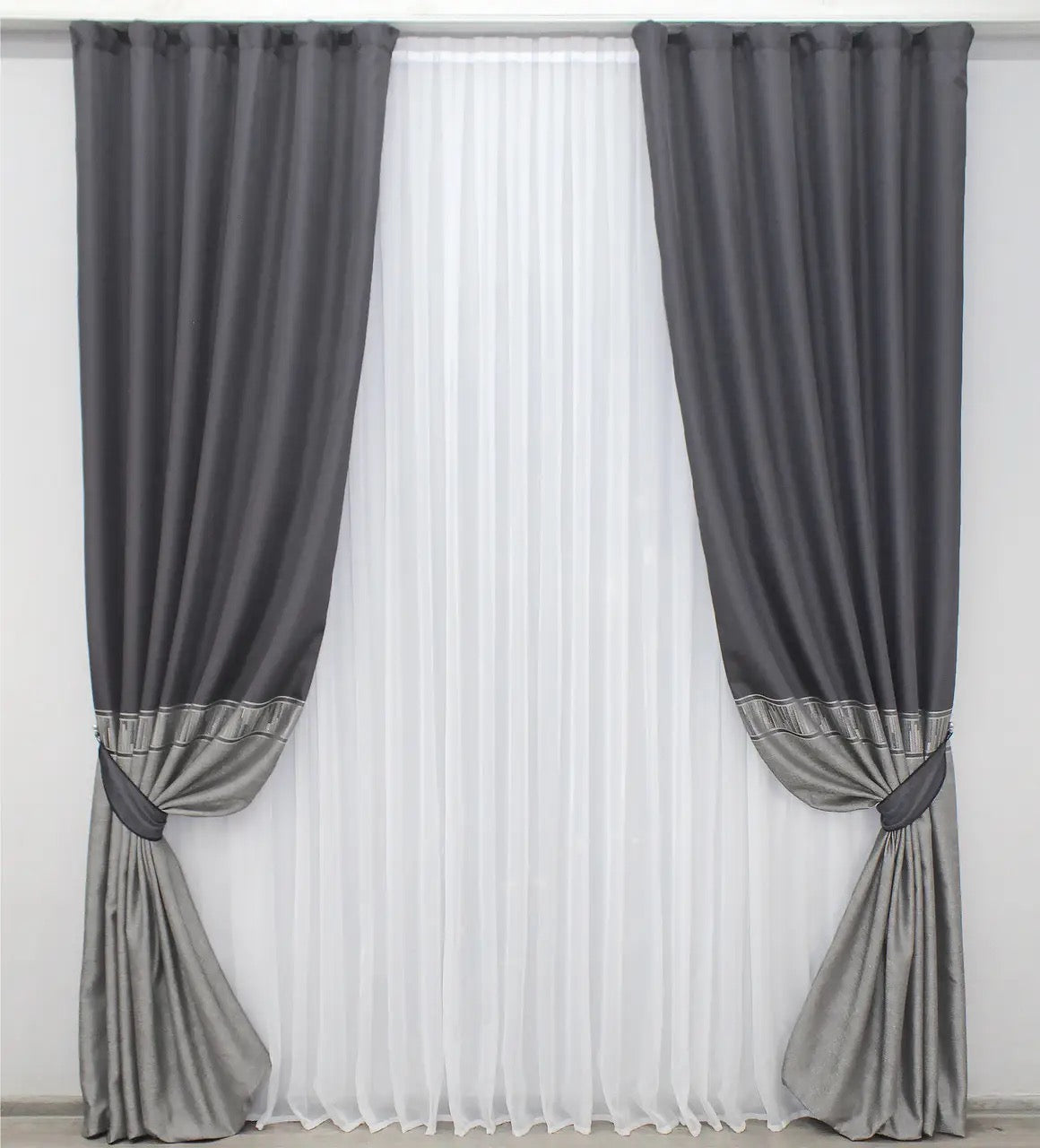 Elegant Linen Curtains – Dark Grey with Silver – Set of 2 Panels