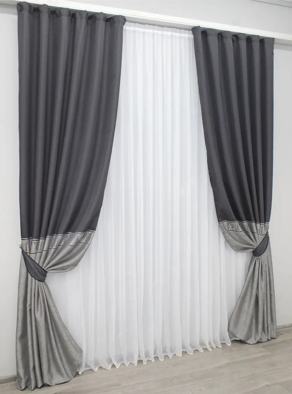 Elegant Linen Curtains – Dark Grey with Silver – Set of 2 Panels