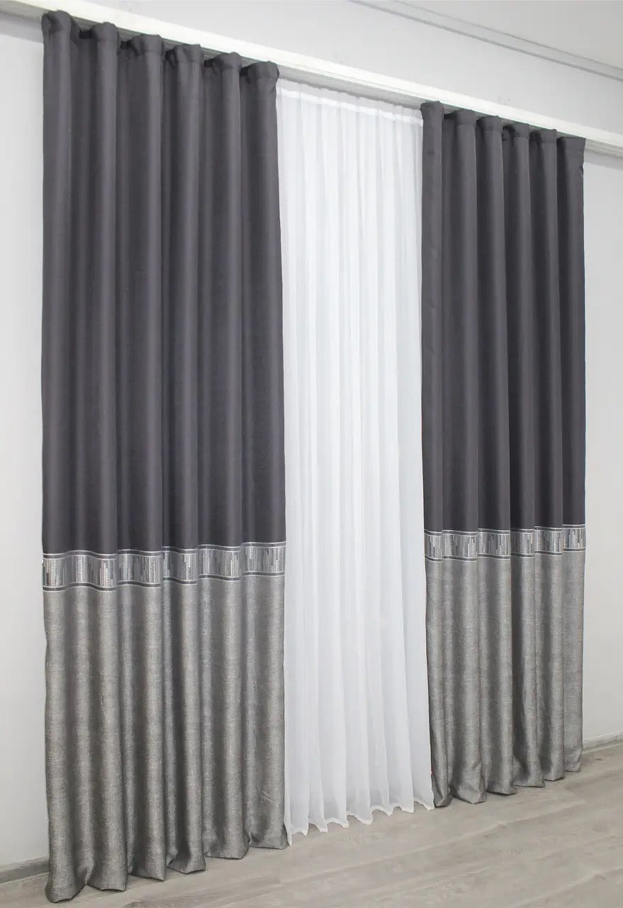 Elegant Linen Curtains – Dark Grey with Silver – Set of 2 Panels