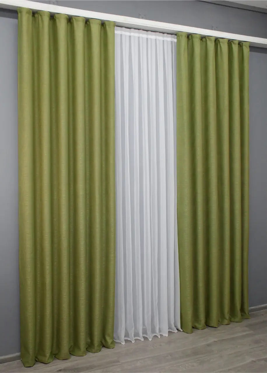 Soft olive green coarse-woven linen curtains, providing a natural and stylish look for living rooms and bedrooms.
