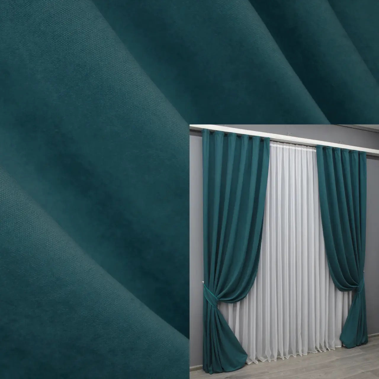 Azure blue microvelvet curtains with a luxurious soft-touch finish, ideal for modern and classic interiors.
