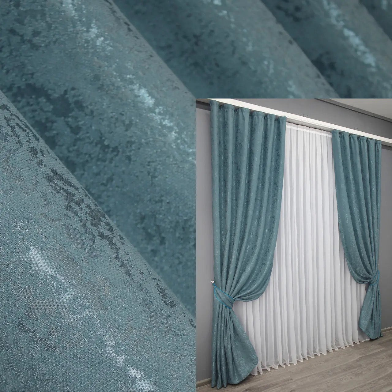 Elegant azure linen curtains with a subtle marble pattern, perfect for modern and classic interiors.
