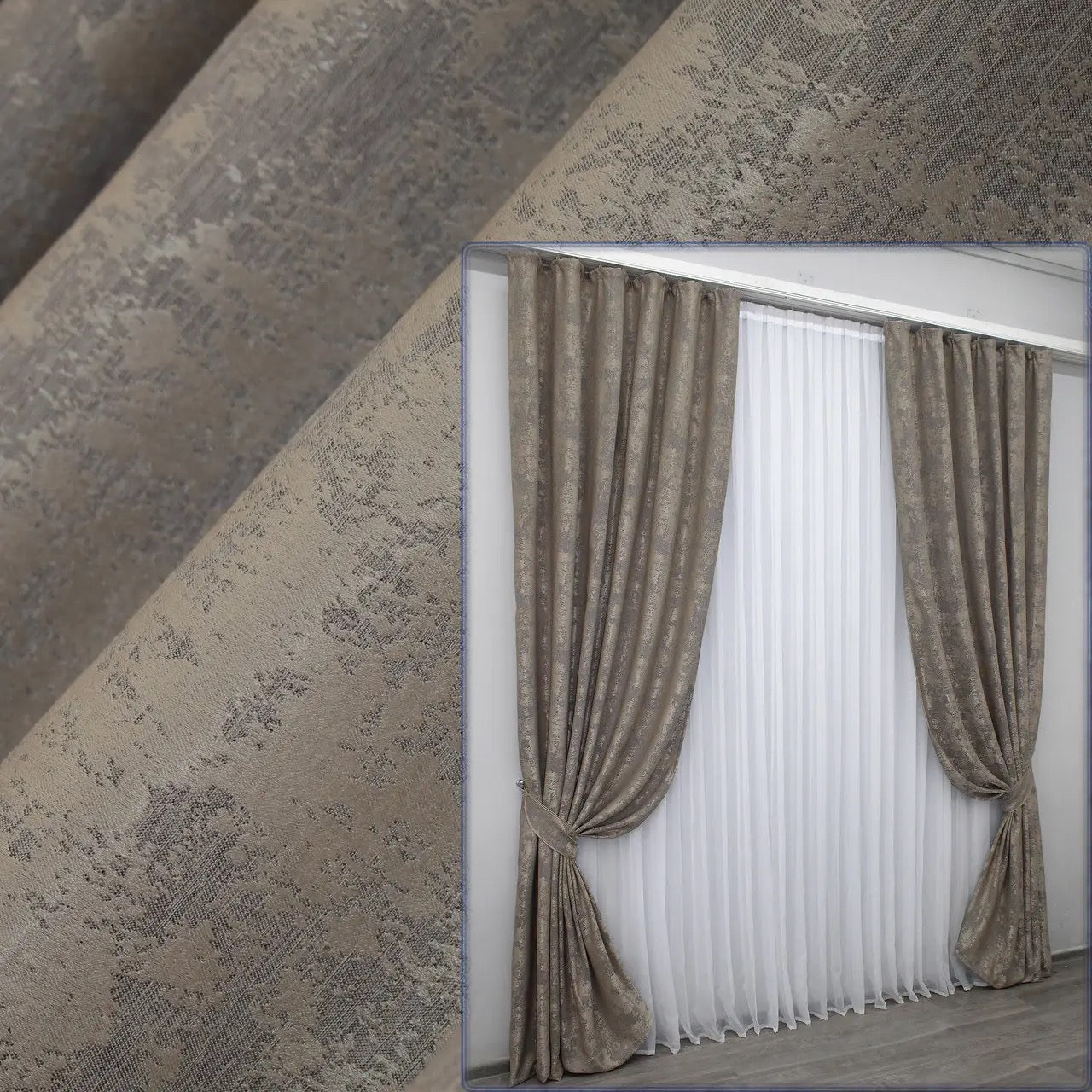 Elegant beige-grey jacquard curtains with a soft, neutral tone, perfect for creating a refined and cozy atmosphere.
