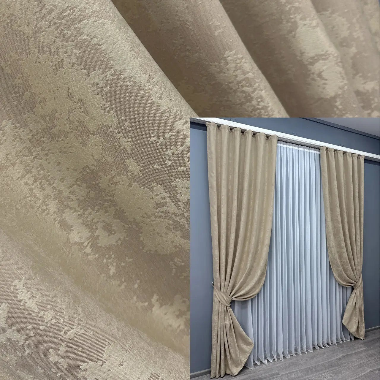 Elegant beige jacquard curtains from the "Sultan" collection – a premium set of 2 panels for sophisticated home décor.