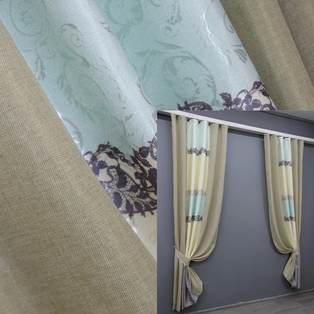 Beige and turquoise combined linen curtains from the "Linen Burlap" collection, offering a natural, breathable fabric with a striking two-tone design.
