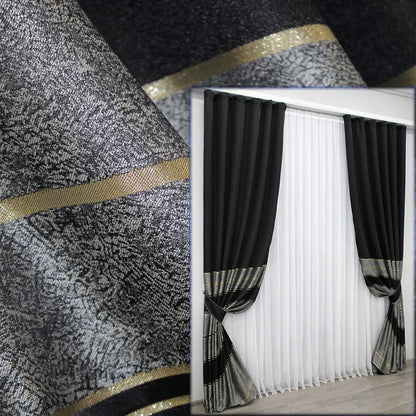 Black-grey linen curtains with gold accents, bringing a touch of modern luxury to any home.
