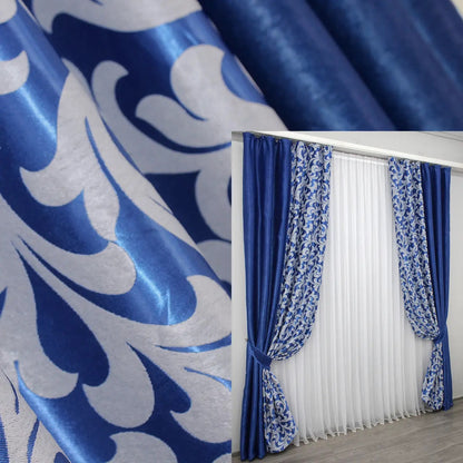 Elegant blue and grey combined blackout soft curtains featuring a sophisticated two-tone design and intricate pattern.
