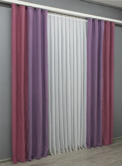 Elegant raspberry and violet combined curtains with smooth draping fabric, adding vibrant personality and artistic flair to any room.
