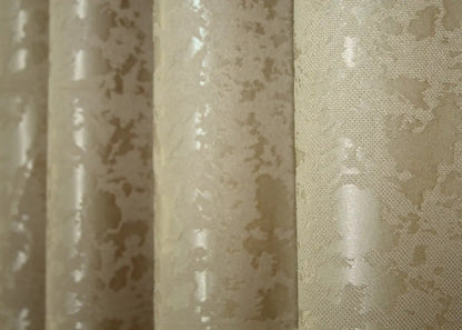 Contemporary beige marble-patterned linen curtains, designed for modern and minimalist home styling.
