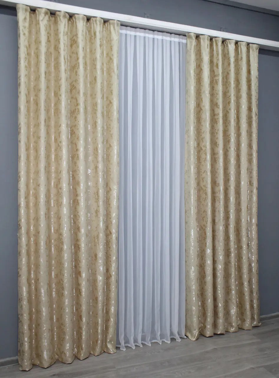 Luxury linen curtains in warm beige, adding warmth and elegance to contemporary interiors.
