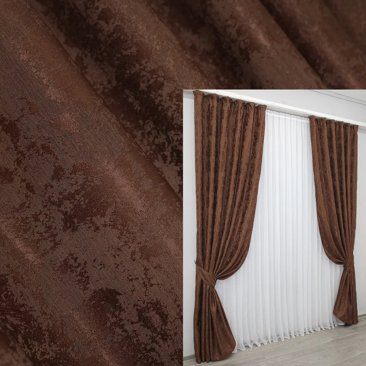 Elegant brown-burgundy jacquard curtains with a deep, rich hue, perfect for adding warmth and sophistication to home décor.
