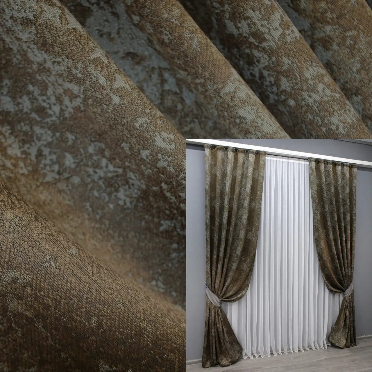 Elegant brown and grey linen curtains with a soft marble pattern, perfect for contemporary and classic interiors.
