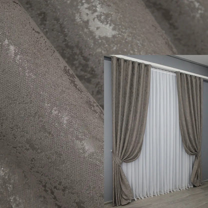 Elegant brown-grey linen curtains with a subtle marble pattern, adding warmth and sophistication to any space.
