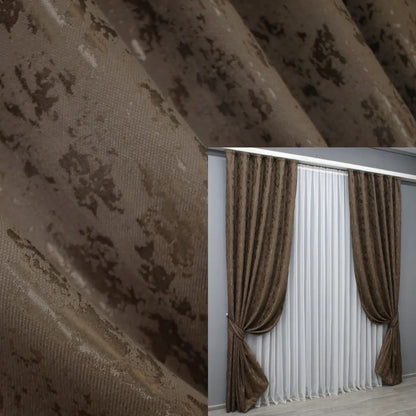 Elegant brown linen curtains with a subtle marble pattern, adding warmth and style to any room.
