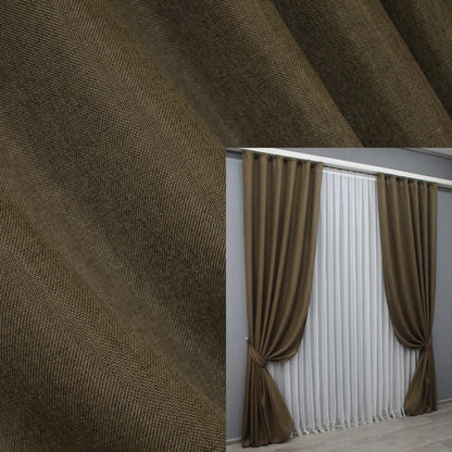 Brown linen curtains with a coarse woven texture, ideal for rustic, modern, and countryside interiors.
