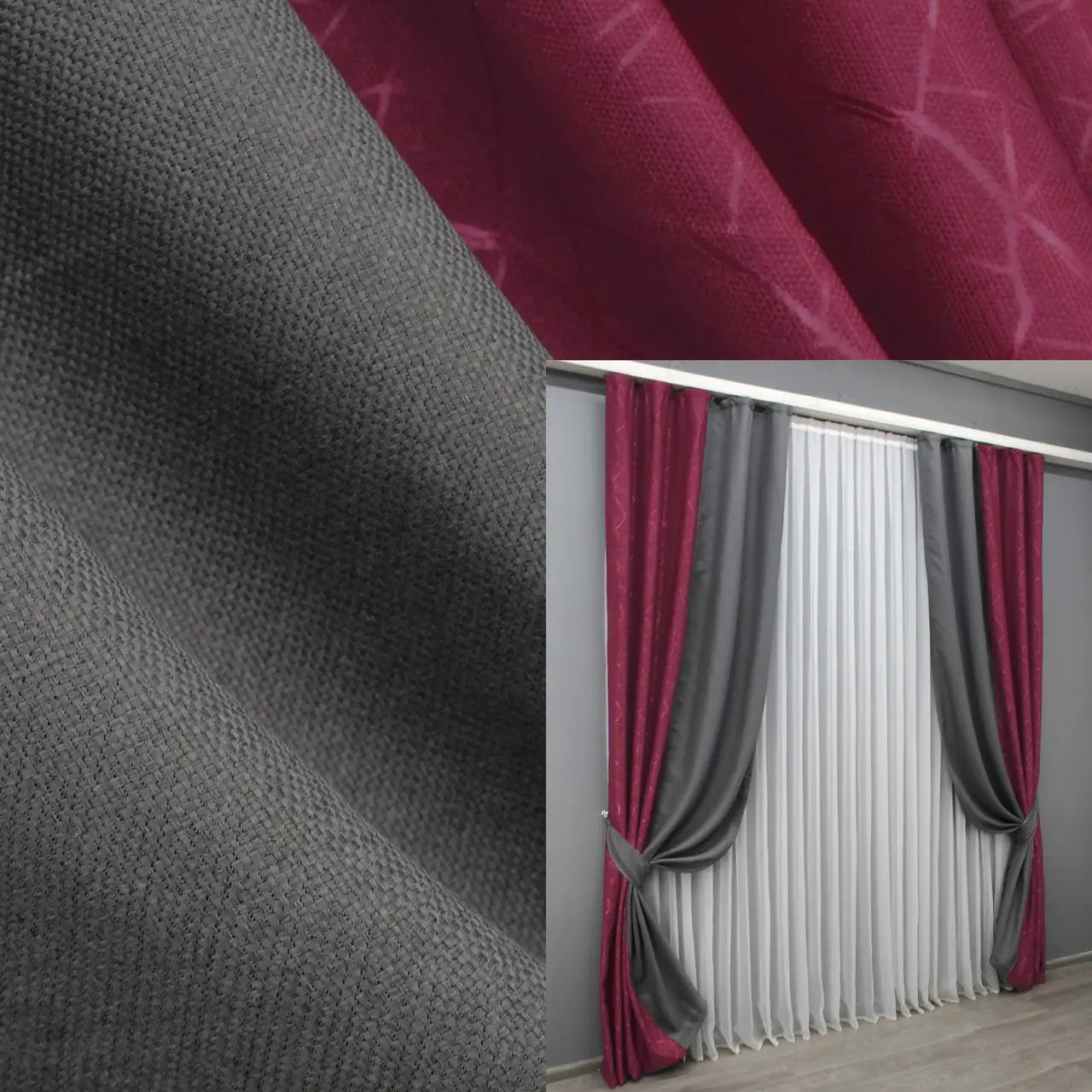 Burgundy and grey combined linen burlap curtains from the "Linen Texture" Collection, offering a perfect balance of elegance and texture for modern and rustic interiors.
