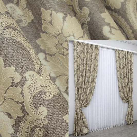 Elegant cappuccino and beige linen curtains with an ornamental baroque pattern, perfect for classic and modern interiors.
