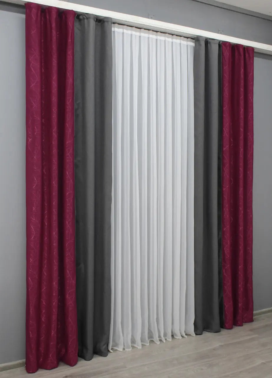 Timeless burgundy and grey linen curtains with a refined design, offering a luxurious yet natural look for your home décor.
