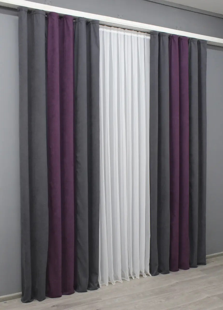 Chic graphite and deep plum microvelvet curtains, designed to bring modern luxury to any space with a sophisticated color palette.
