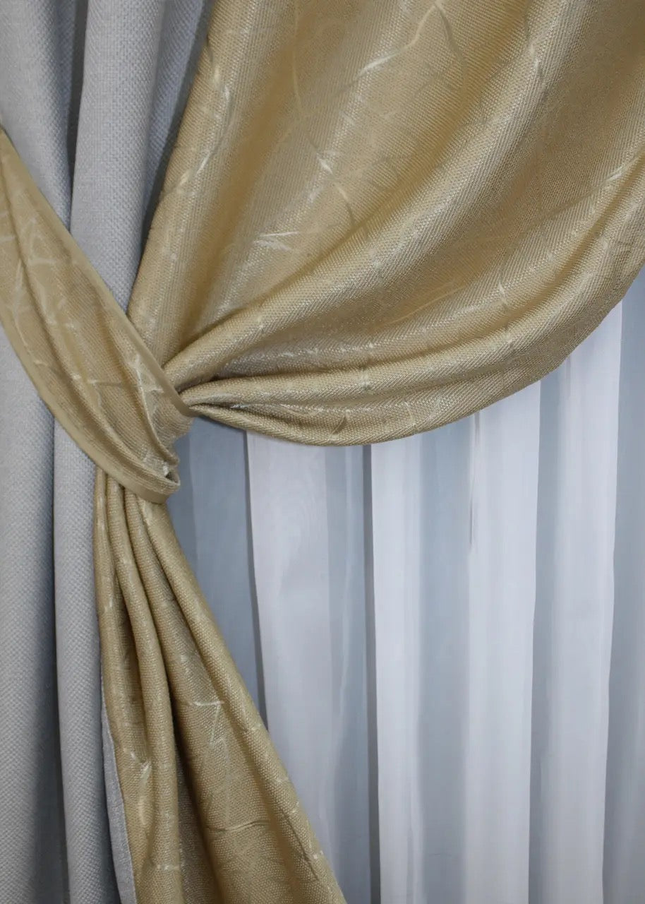 Chic light grey and beige linen combined curtains, designed to complement modern interiors with a soft, inviting aesthetic.
