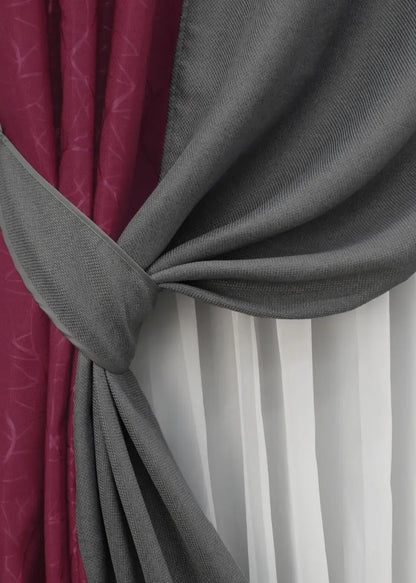 Classic burgundy and grey linen burlap curtains with a refined look, designed for modern or rustic interiors.
