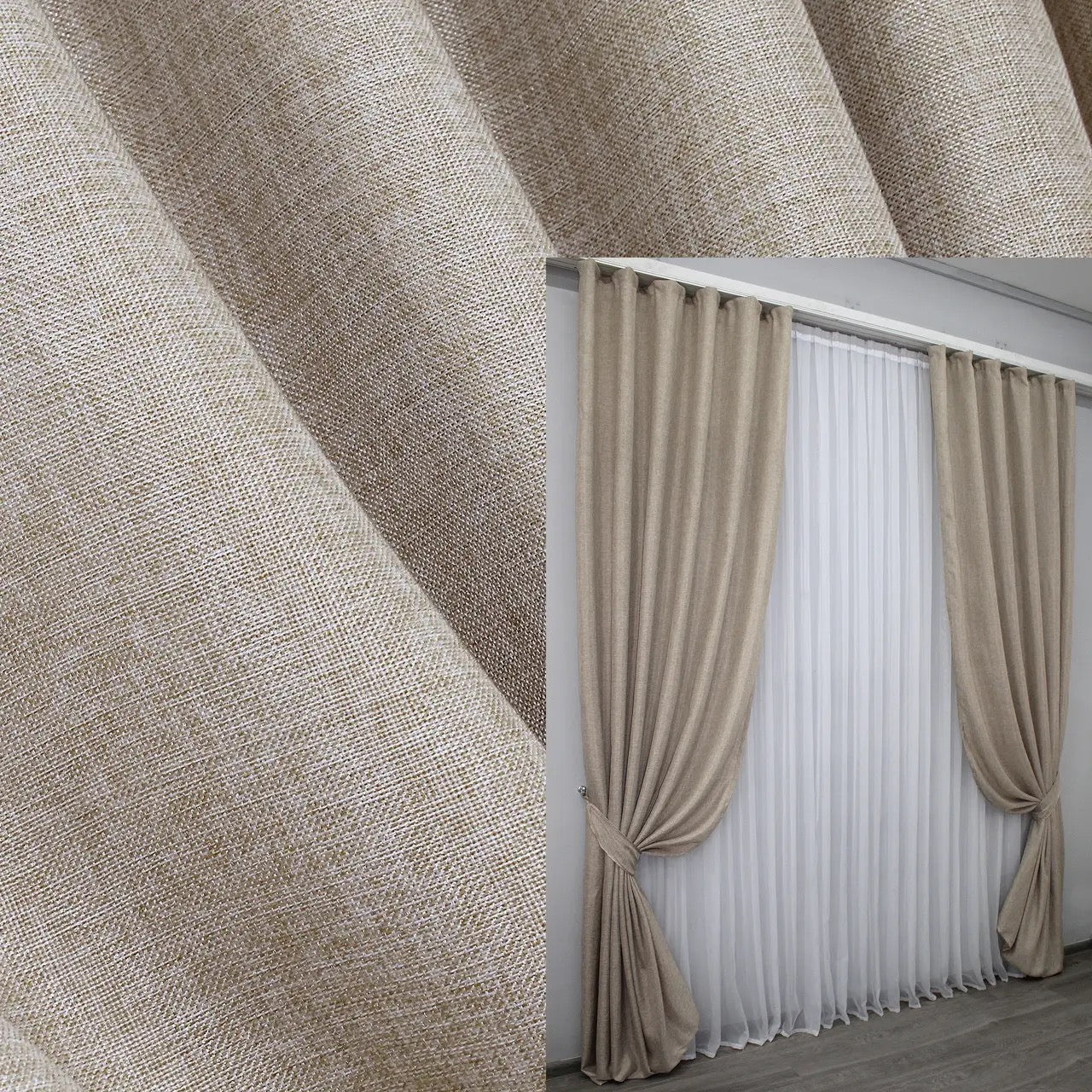 Coffee linen curtains with a coarse burlap texture, ideal for rustic, loft, and Scandinavian interior styles.