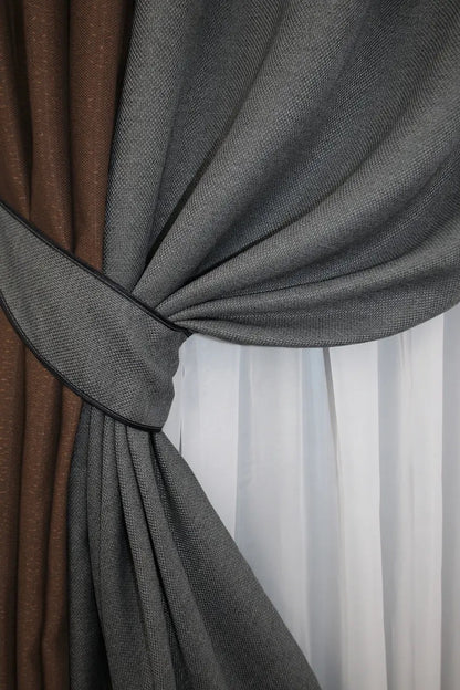 Refined two-tone combined linen curtains in brown (Chocolate, Mocha, Coffee) and gray (Charcoal, Slate, Ash), perfect for modern and classic interiors.
