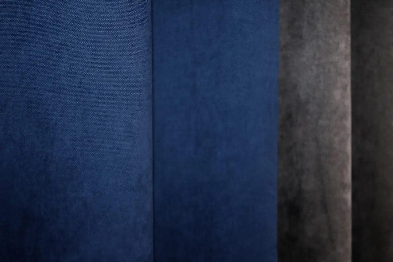 Refined two-tone combined microvelvet curtains in dark cocoa, navy, and blue, perfect for modern and classic interiors.
