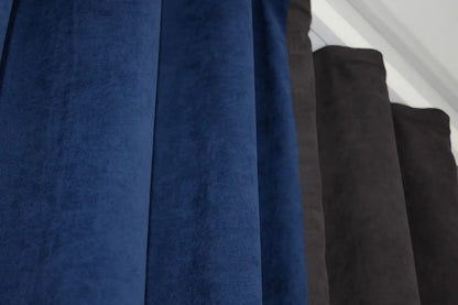 Refined two-tone combined microvelvet curtains in graphite, navy, and grey, perfect for modern and classic interiors.
