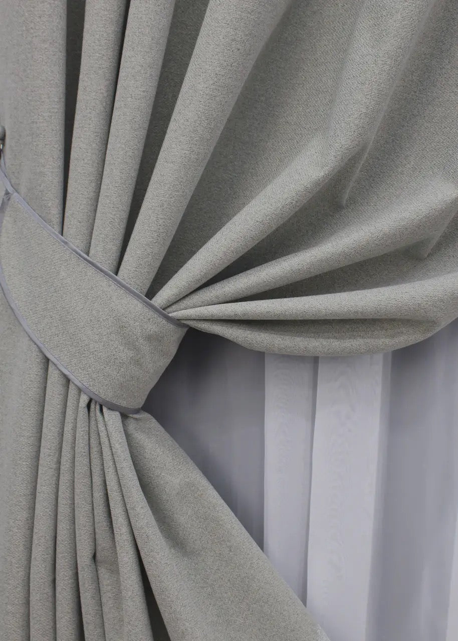 100% blackout light grey linen curtains, ideal for bedrooms, offices, and living rooms needing full darkness.
