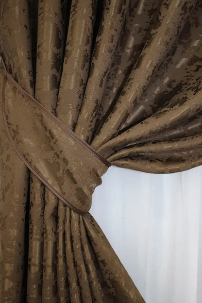 Classic and neutral brown linen curtains, offering privacy while allowing soft, diffused natural light.
