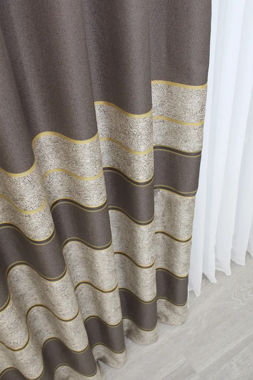 Contemporary cappuccino and gold curtains with light-filtering fabric, enhancing any space.
