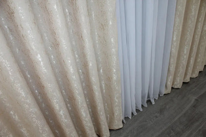Modern light beige marble-patterned linen curtains, designed for chic and sophisticated home styling.
